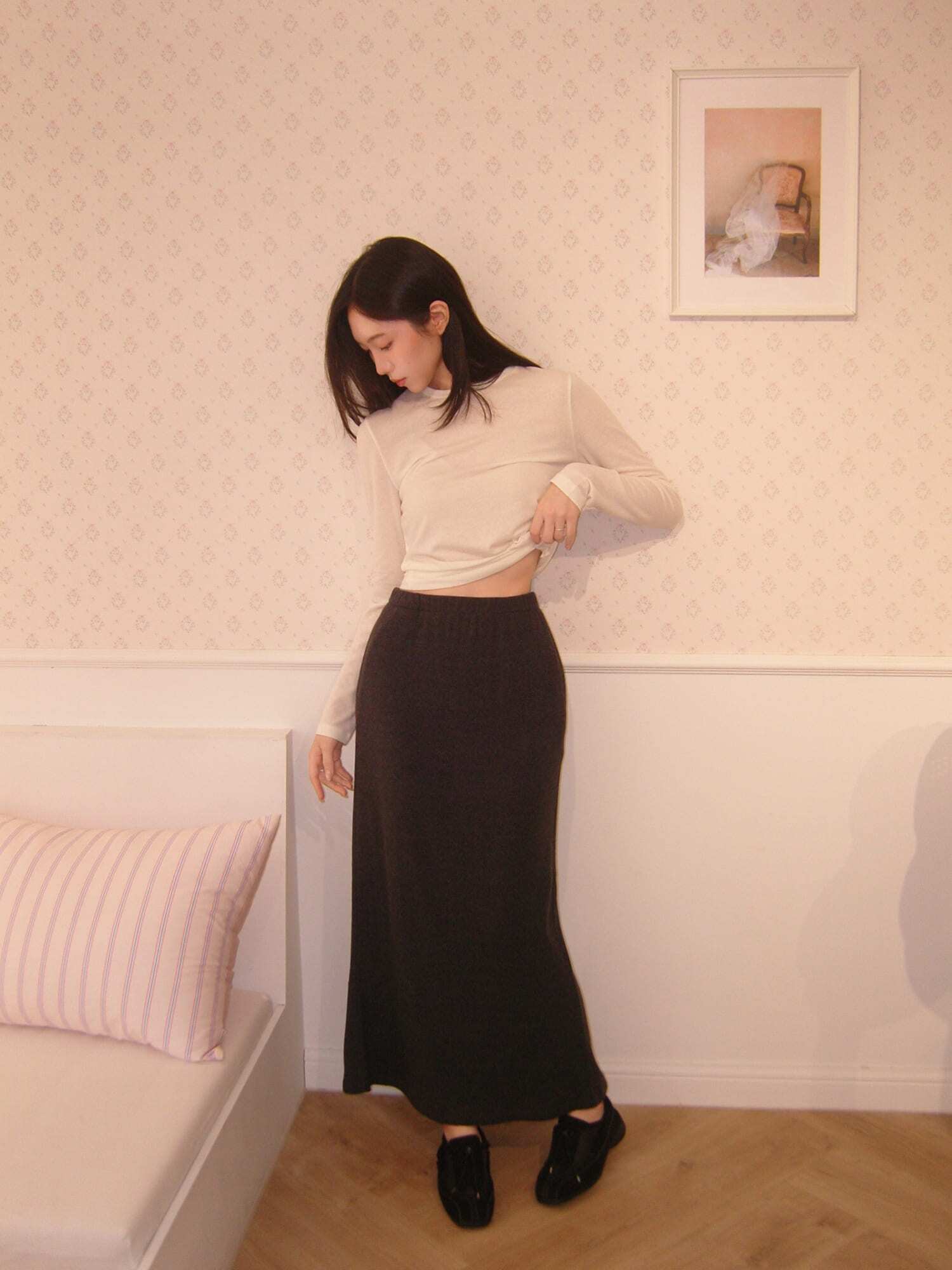 Classic Rib Knit Banding Long Skirt - Charcoal
