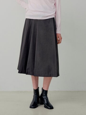 Basic Unbalance Pleated Long Skirt - Charcoal