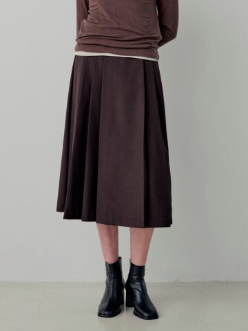 Basic Unbalance Pleated Long Skirt - Deep Brown