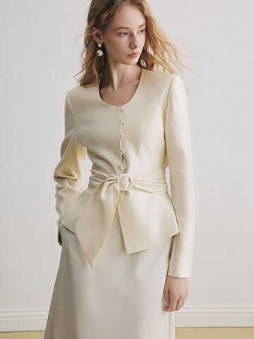 YY_U-neck waist satin jacket