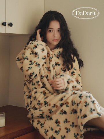 데데리트 귀여운 극세사 꽃 빈티지 플로럴 후드 로브 수면 원피스 잠옷 파자마 홈웨어 커플 친구 우정 생일 집들이 선물