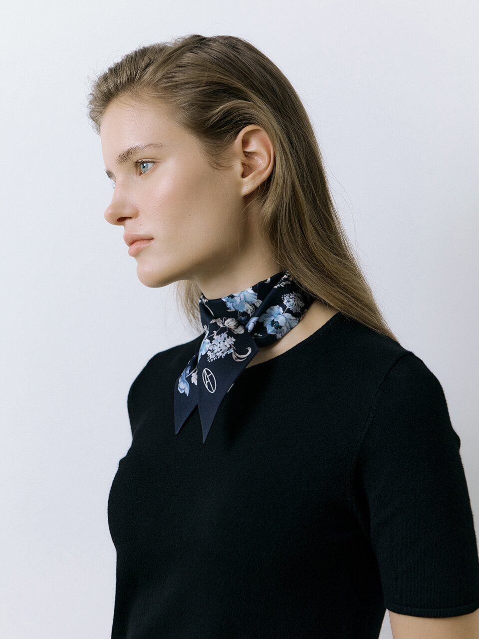 Wild Rose Long Twilly Silk Scarf - Dark Navy