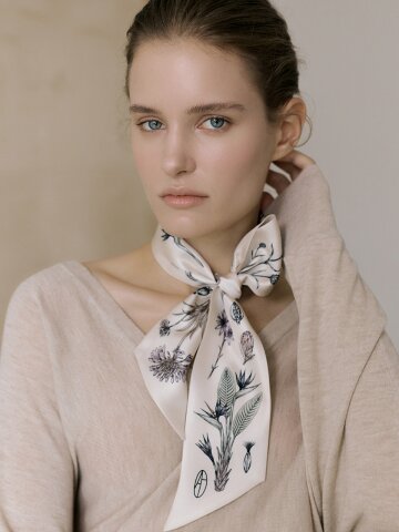 Flora Long Twilly Silk Scarf - Warm Ivory