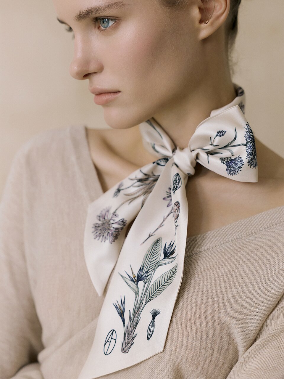 Flora Long Twilly Silk Scarf - Warm Ivory