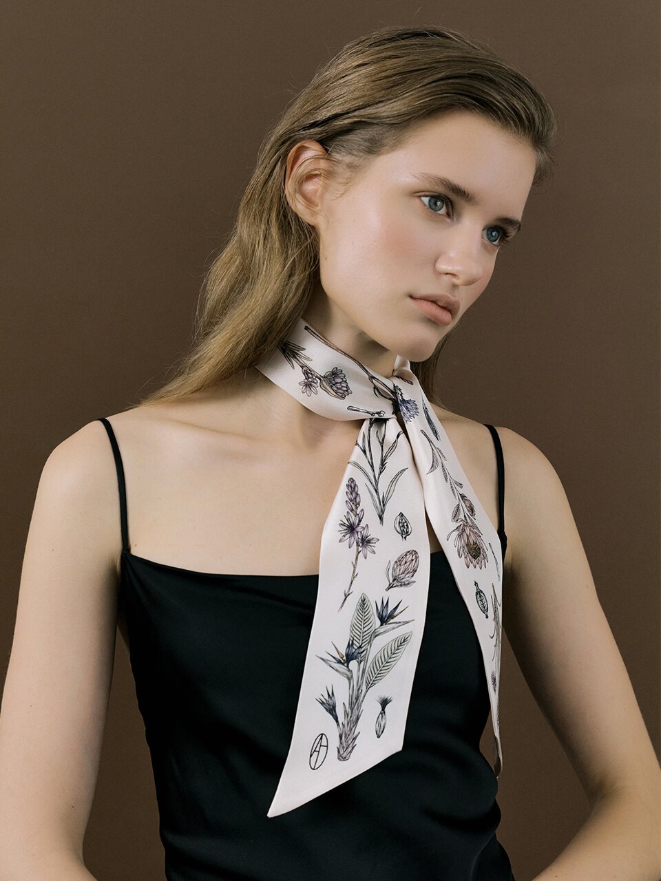 Flora Long Twilly Silk Scarf - Warm Ivory