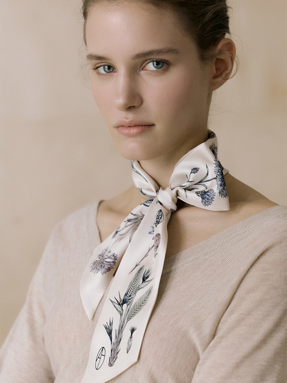Flora Long Twilly Silk Scarf - Warm Ivory