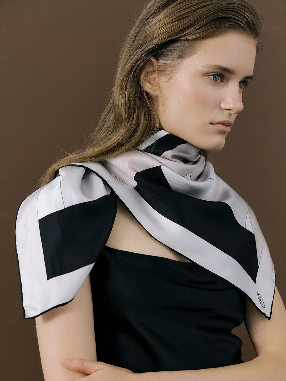 AP Square Silk Scarf 90 - Taupe/Black