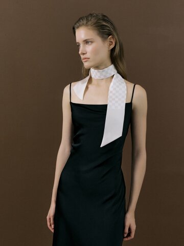 Checkerboard Long Twilly Silk Scarf - Pearl White