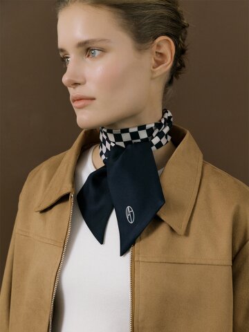 Checkerboard Long Twilly Silk Scarf - Navy