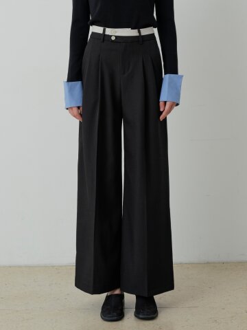TWO-TONE COLOR BLOCKED PIN-TUCK SLACKS (BK)
