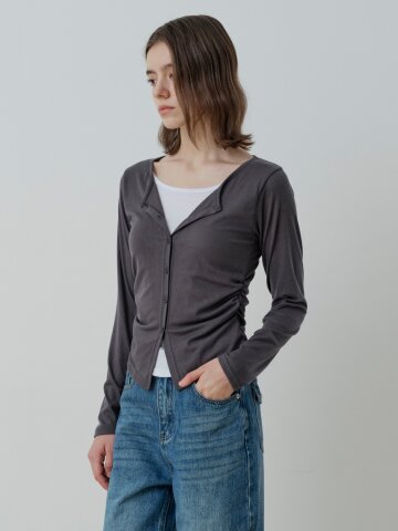 BUTTON LAYERED SHIRRING CARDIGAN (CH)