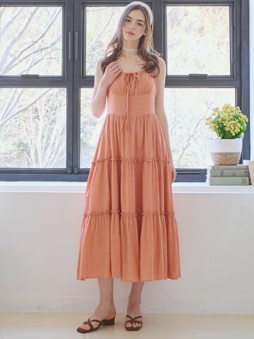 Ribbon shirring sleeveless dress - Orange