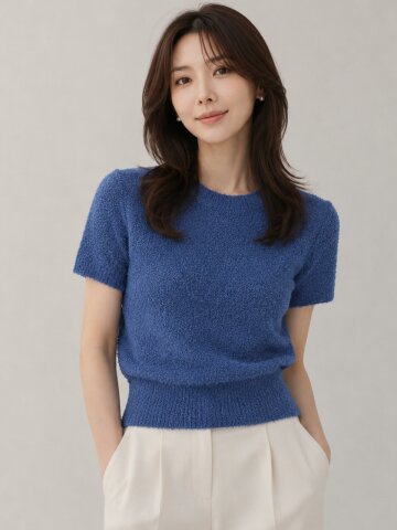 부클 라운드 반팔 니트