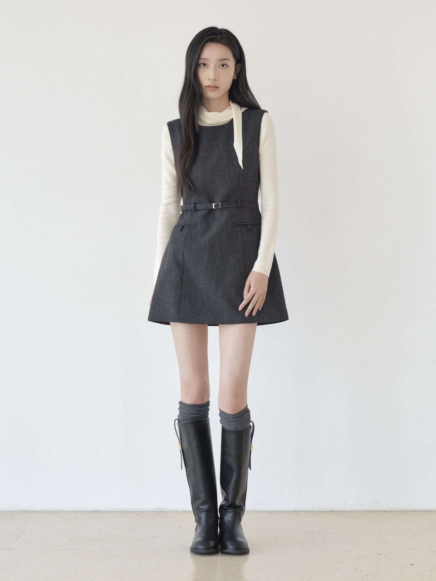 벨티드 슬리브리스 미니 원피스 (GREY)