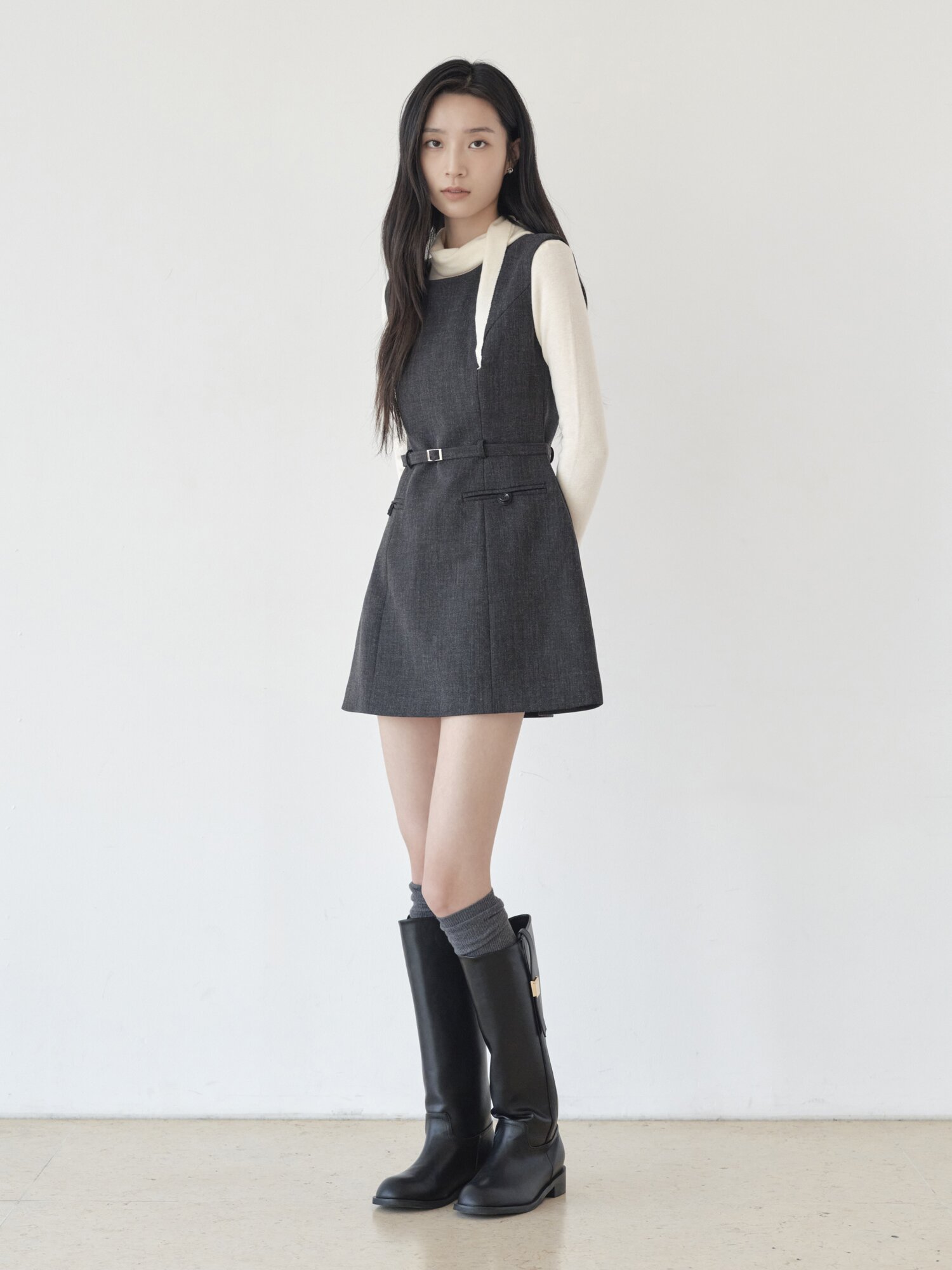 벨티드 슬리브리스 미니 원피스 (GREY)