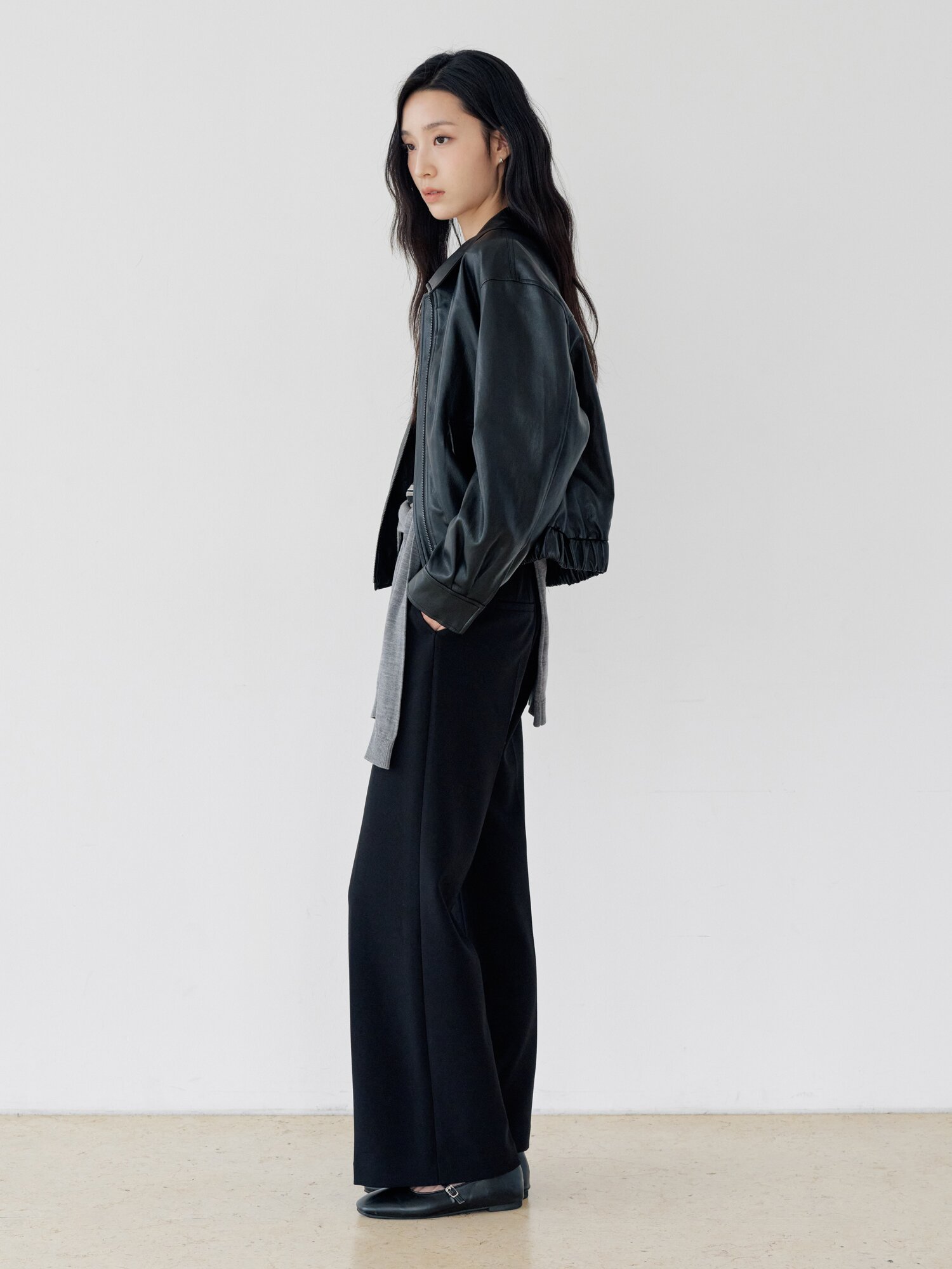 루즈핏 페이크 레더 집업 재킷 (BLACK)