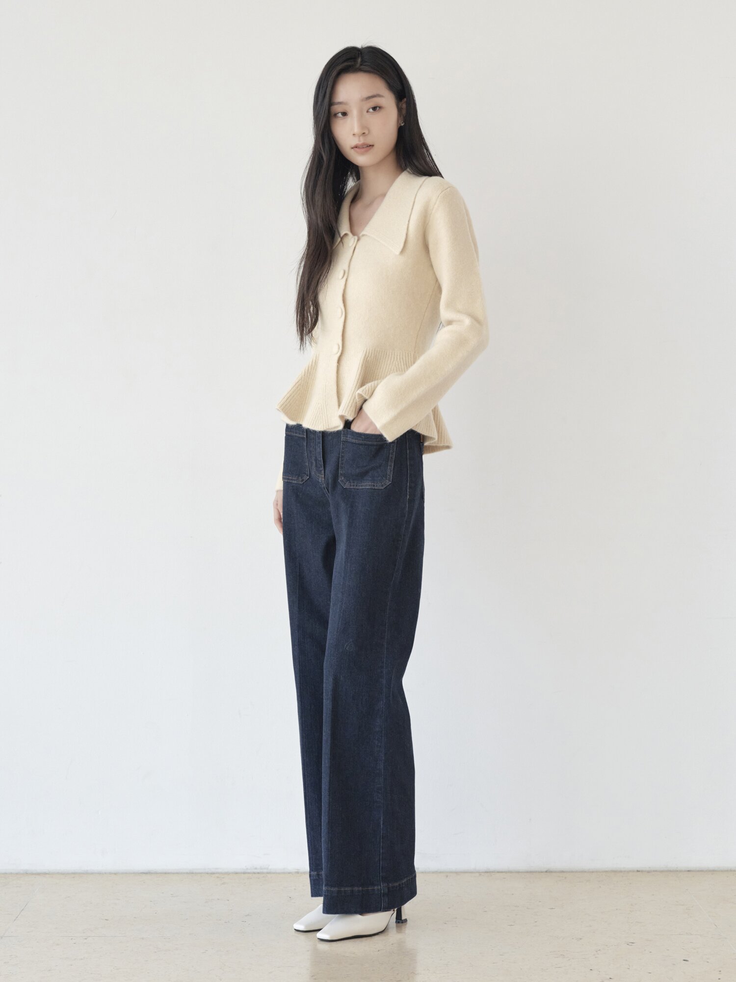 와이드 칼라 페플럼 가디건 (YELLOW)