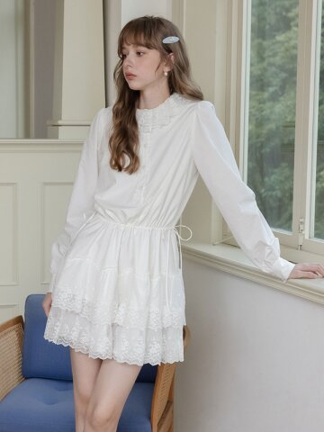 Cest_Lace trim long sleeve dress