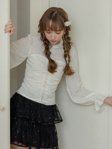 Cest_Ruffle neck shirred top blouse