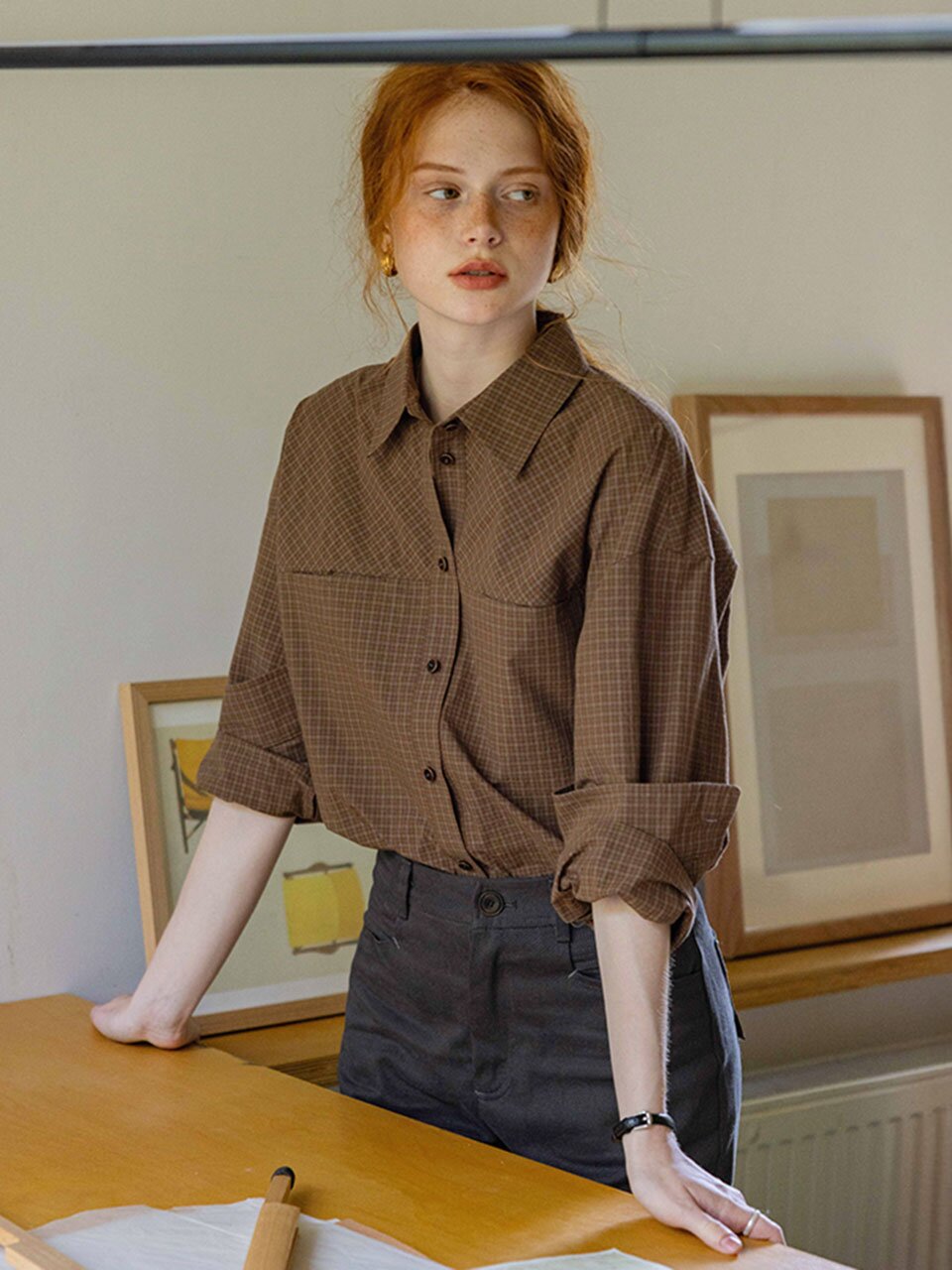 DA_Plaid lapel long split shirt_2color