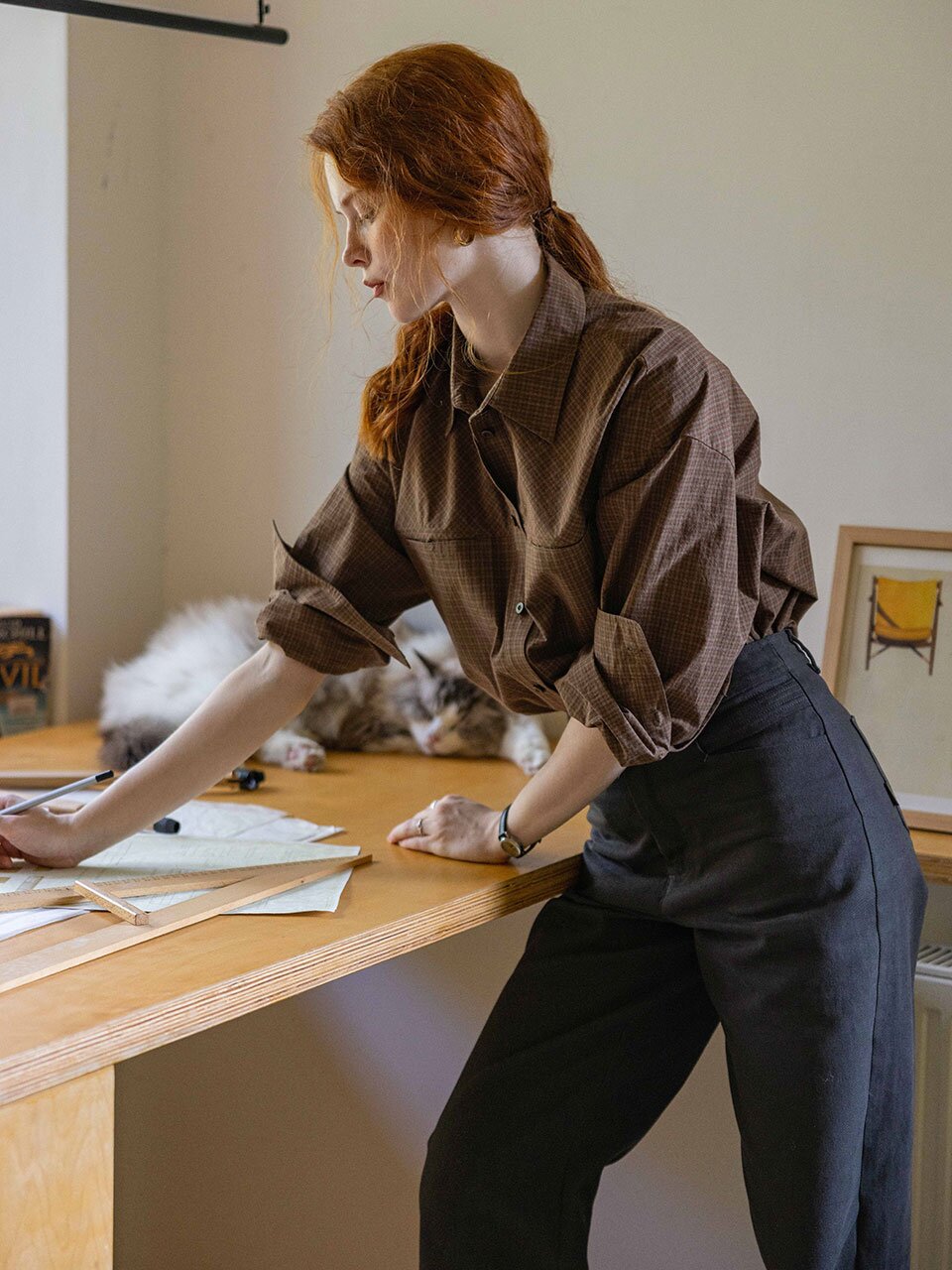 DA_Plaid lapel long split shirt_2color
