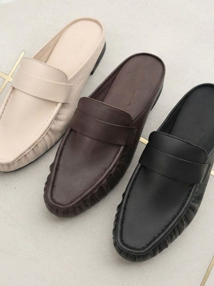 리프 소가죽 셔링 블로퍼 뮬 슬리퍼 2cm