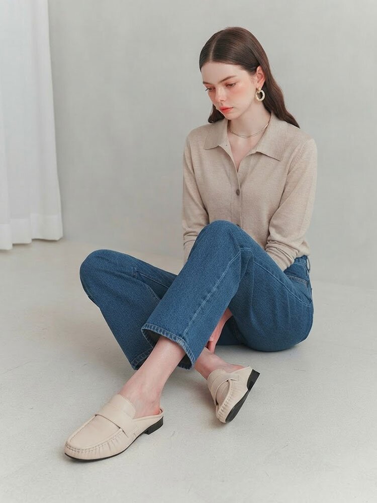 리프 소가죽 셔링 블로퍼 뮬 슬리퍼 2cm