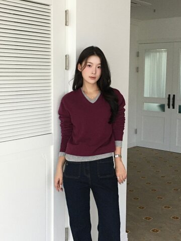 울 드롭 숄더 브이넥 풀오버 니트 