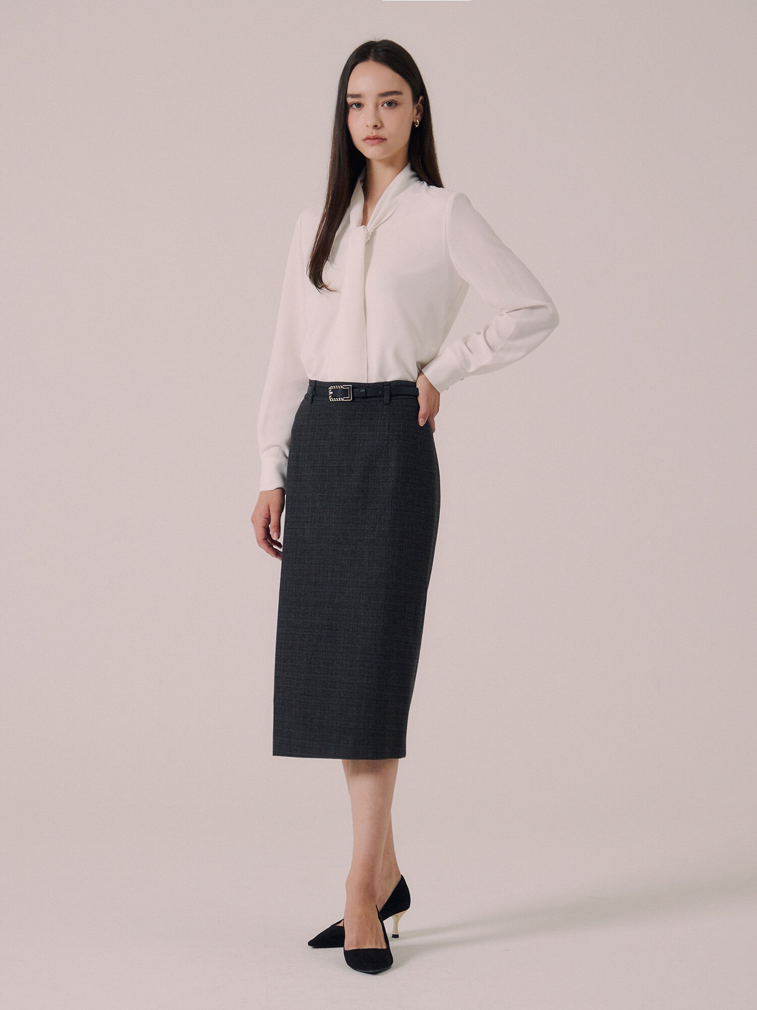 포멀 체크 슬릿 H라인 스커트 (CHECK GREY)