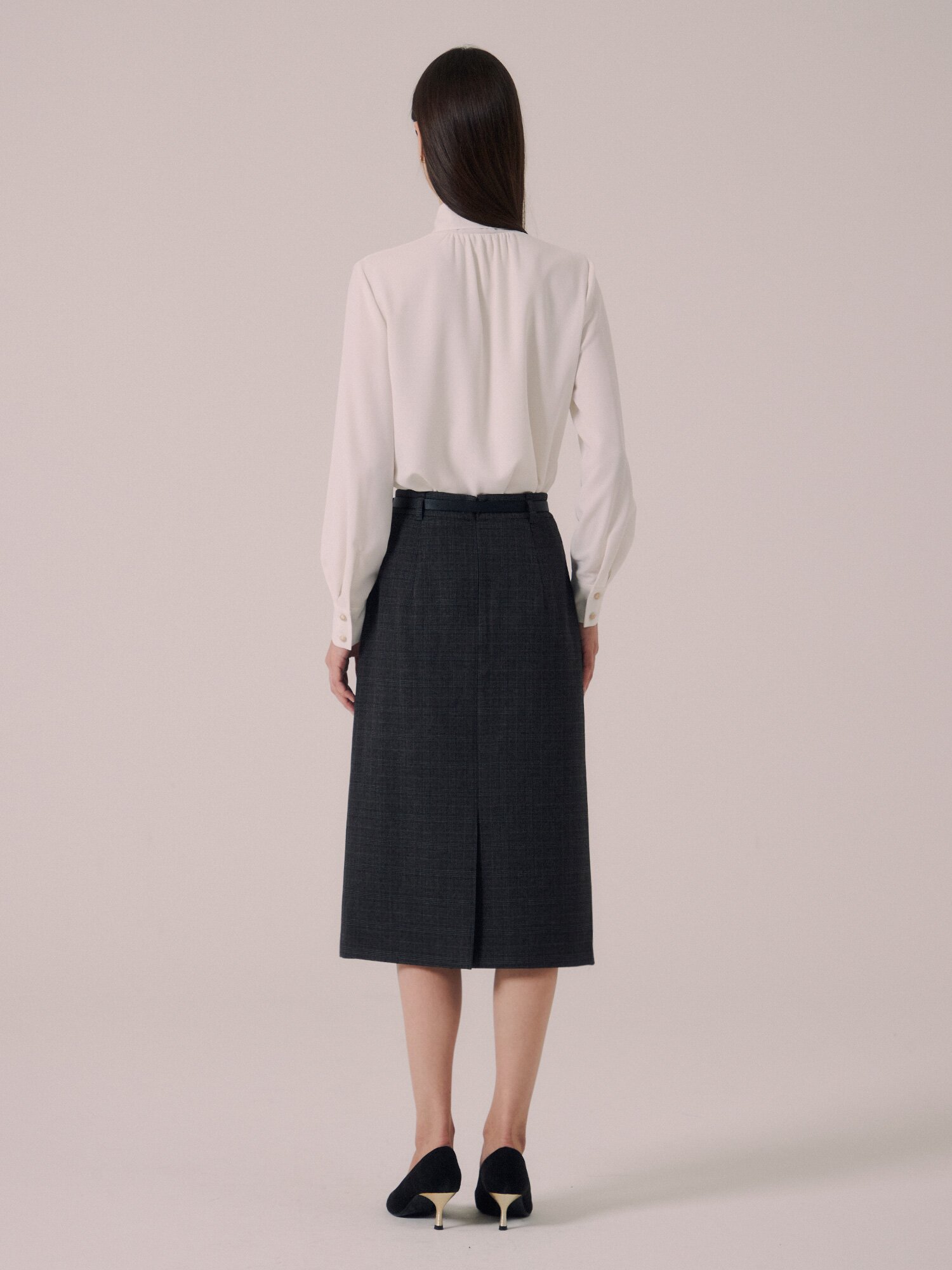 포멀 체크 슬릿 H라인 스커트 (CHECK GREY)