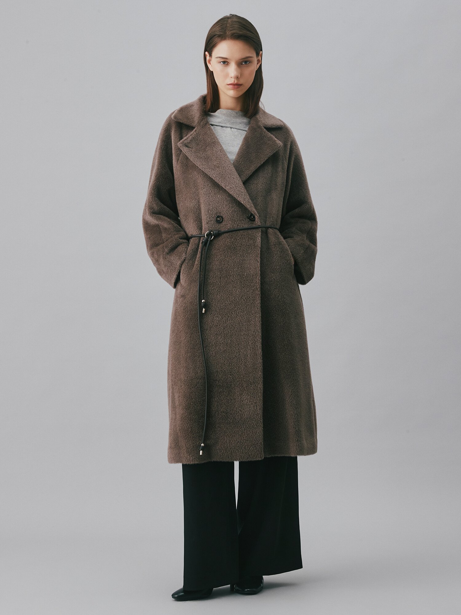 알파카 울 래글런 더블 롱 코트 (SEPIA)