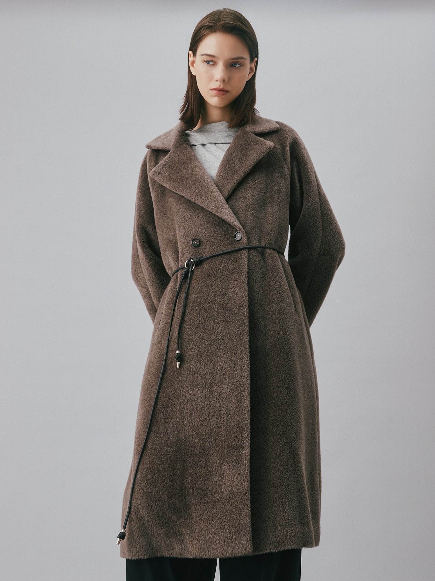 알파카 울 래글런 더블 롱 코트 (SEPIA)