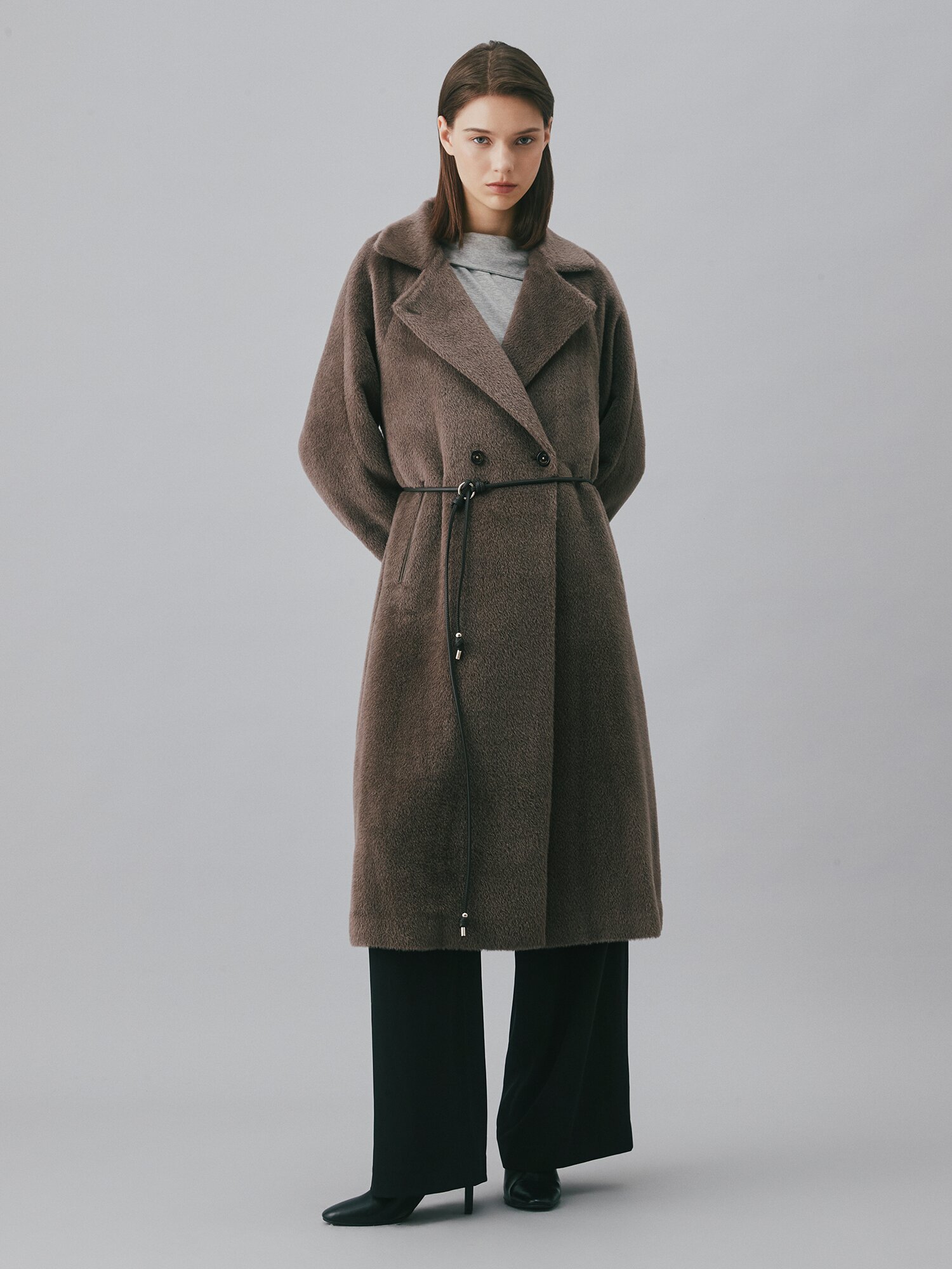 알파카 울 래글런 더블 롱 코트 (SEPIA)