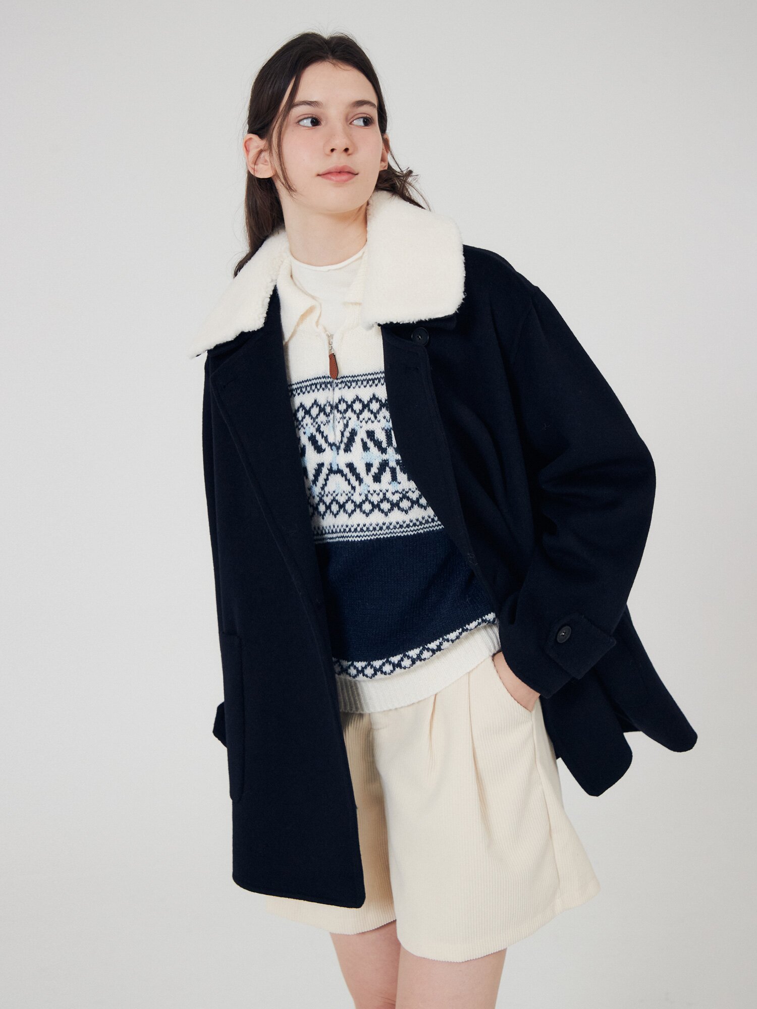 울 블렌드 퍼 칼라 하프 코트 (DARK NAVY)