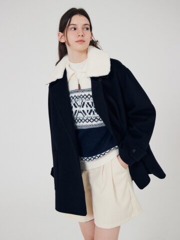 울 블렌드 퍼 칼라 하프 코트 (DARK NAVY)