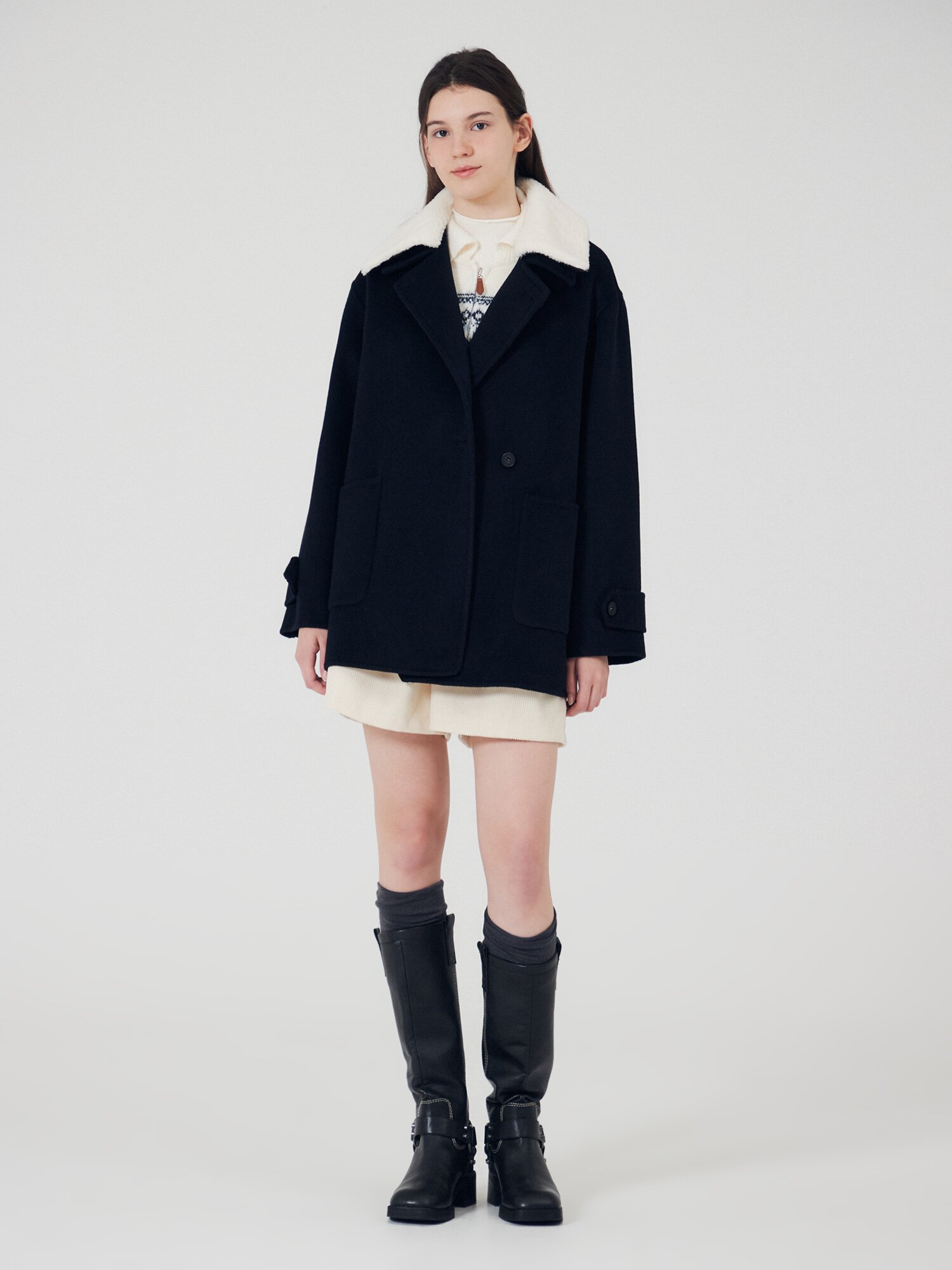 울 블렌드 퍼 칼라 하프 코트 (DARK NAVY)
