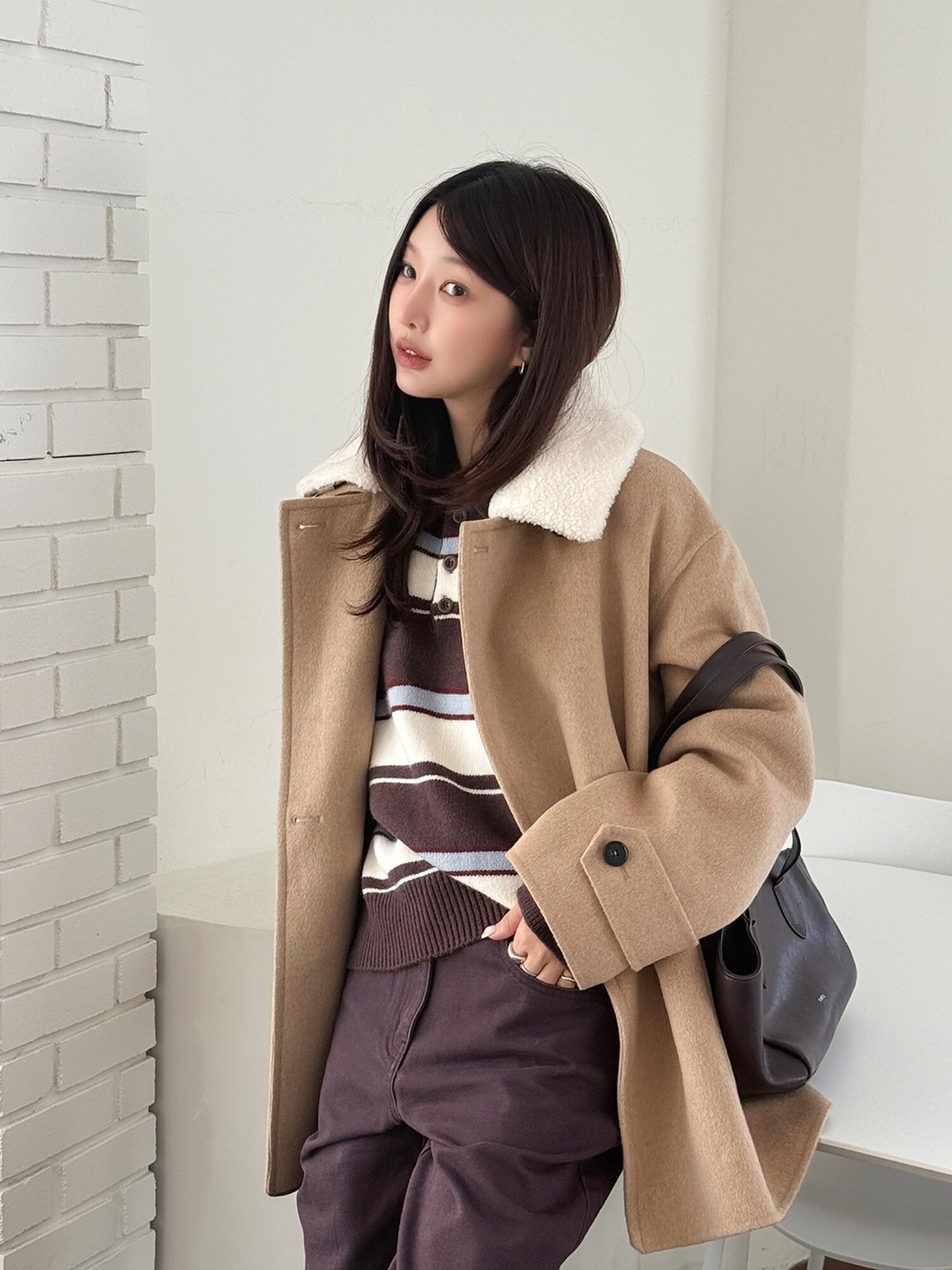 울 블렌드 퍼 칼라 하프 코트 (CAMEL)