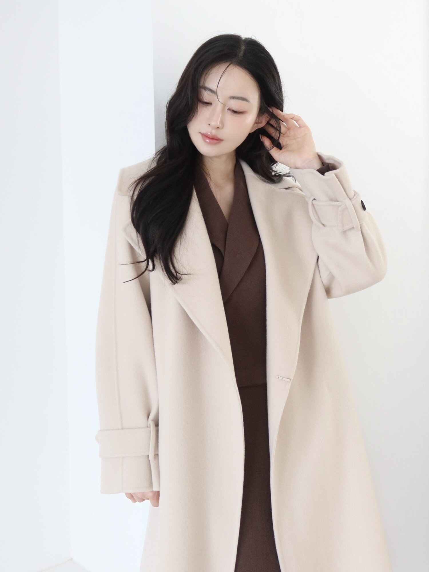 울 와이드 라펠 칼라 롱 코트 (LIGHT BEIGE)