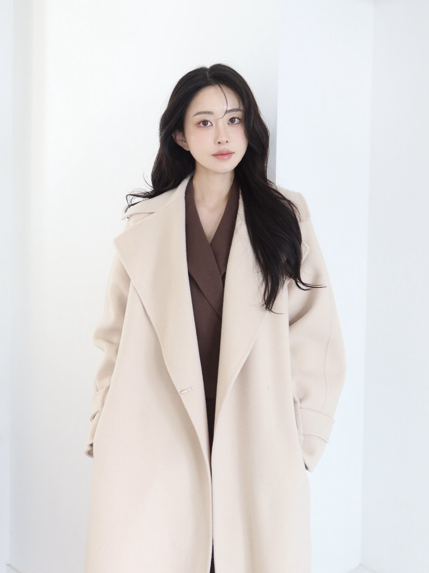 울 와이드 라펠 칼라 롱 코트 (LIGHT BEIGE)
