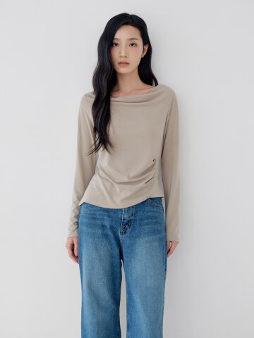 스판 사이드 셔링 카울넥 티셔츠 