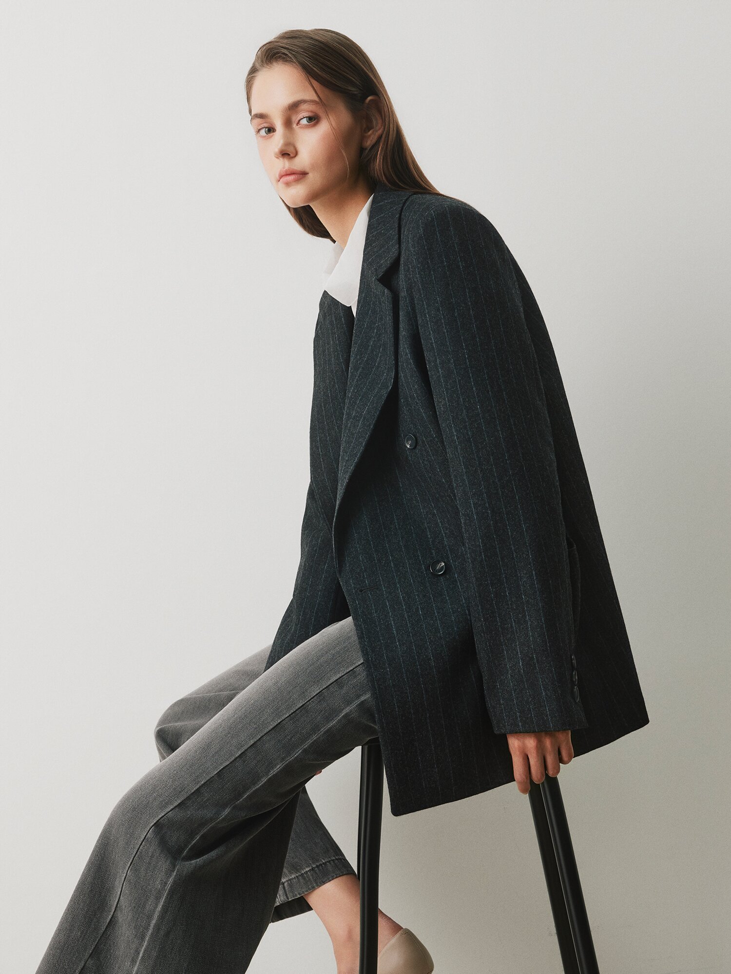 울 테일러드 더블 하프 재킷 (STRIPE GREY)