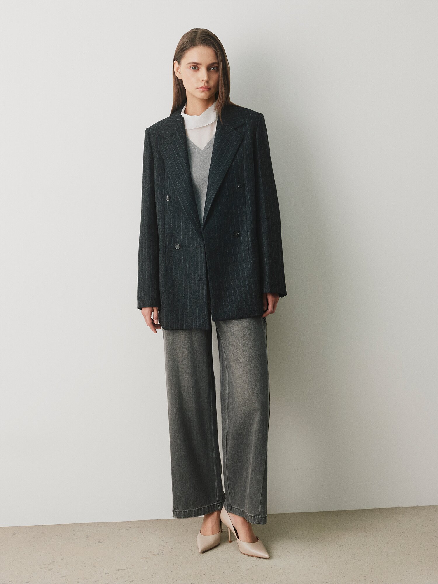 울 테일러드 더블 하프 재킷 (STRIPE GREY)