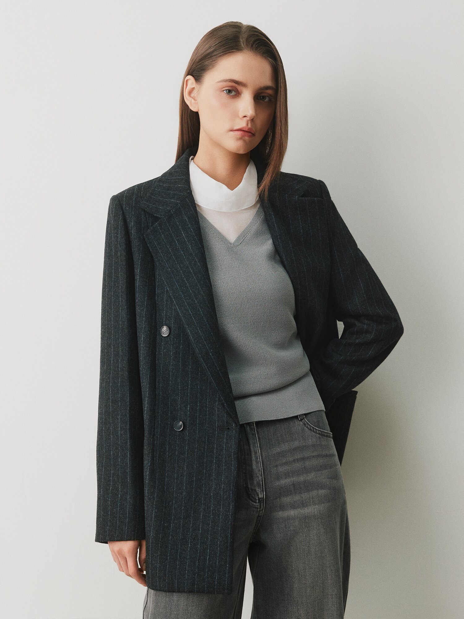 울 테일러드 더블 하프 재킷 (STRIPE GREY)