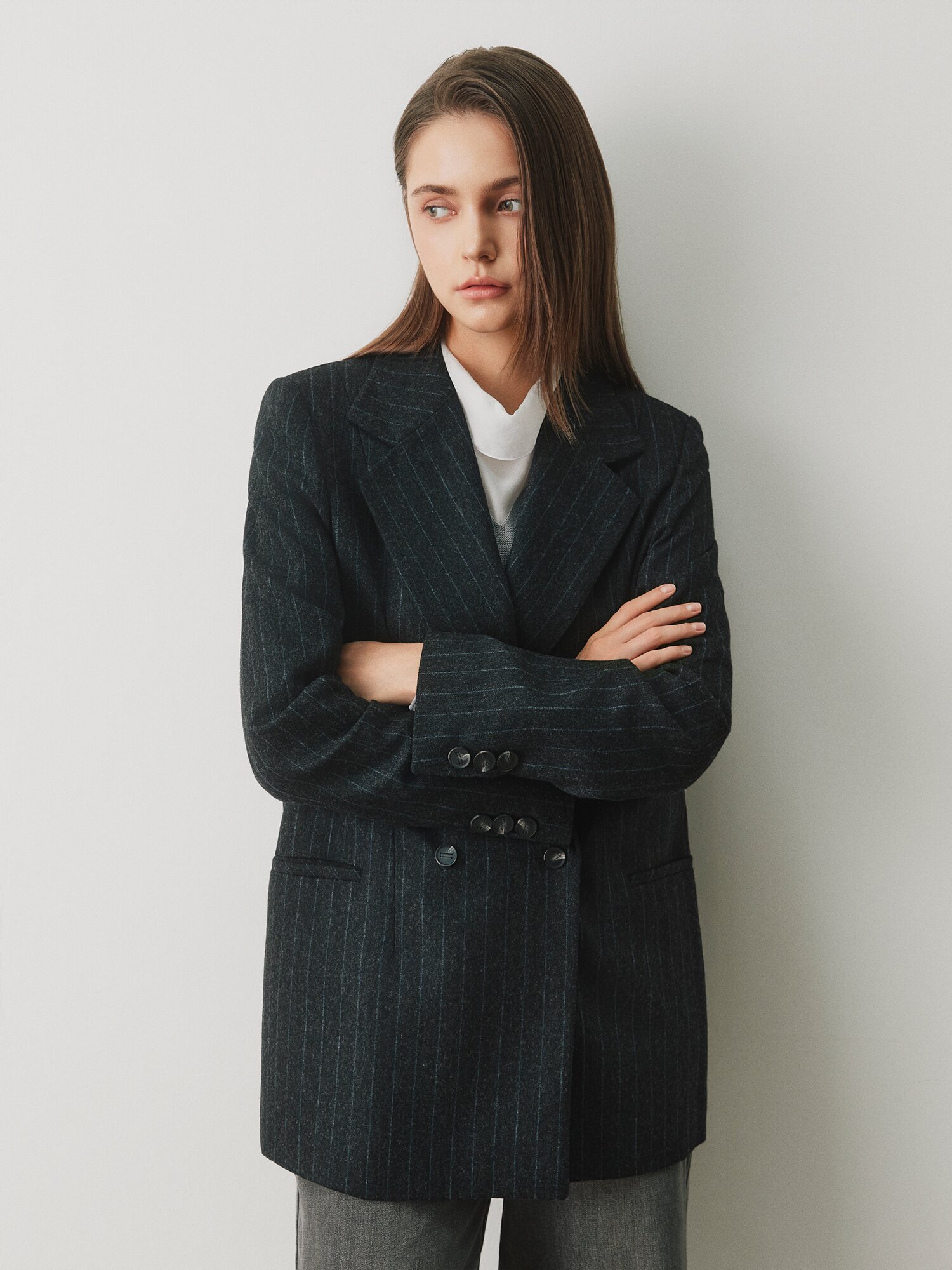 울 테일러드 더블 하프 재킷 (STRIPE GREY)