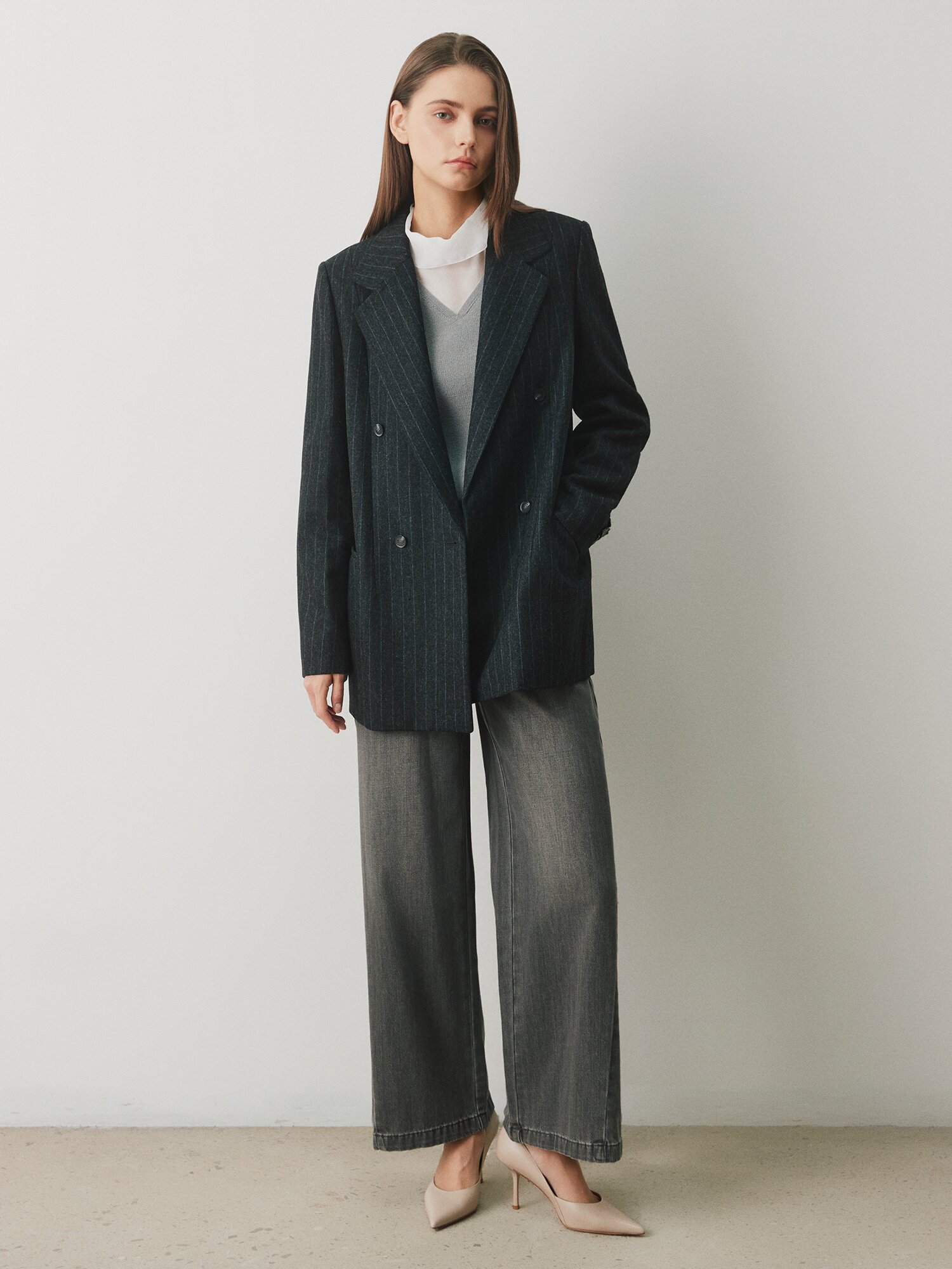 울 테일러드 더블 하프 재킷 (STRIPE GREY)