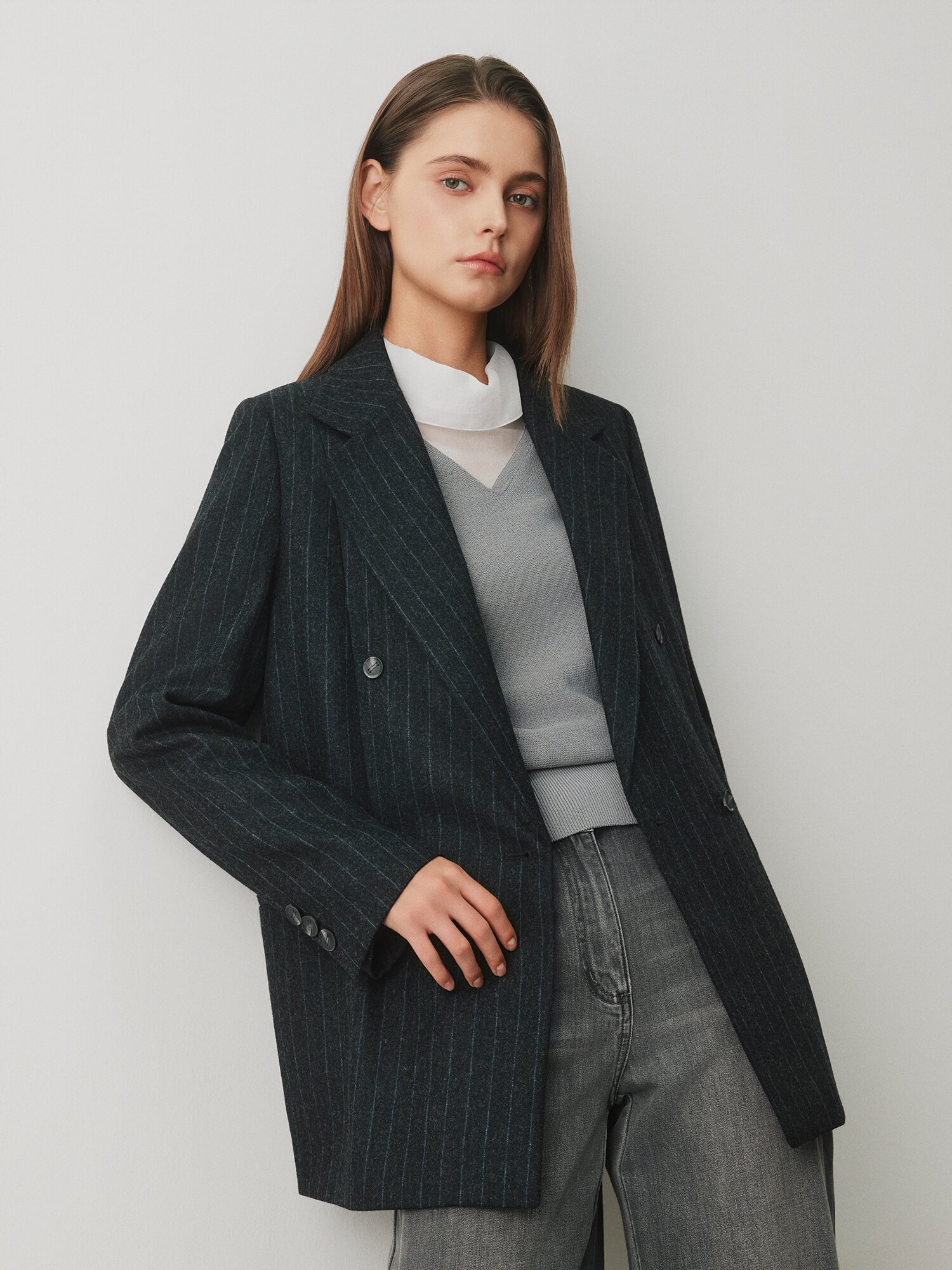 울 테일러드 더블 하프 재킷 (STRIPE GREY)