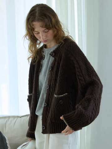 Whipstitch Cable Cardigan Brown