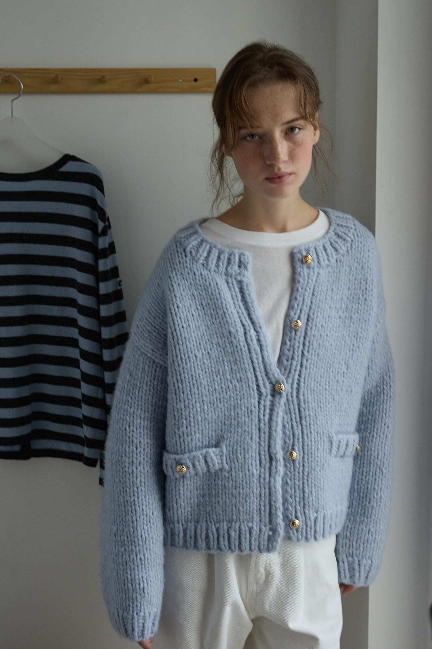 Gold Button Boucle Cardigan Light Blue