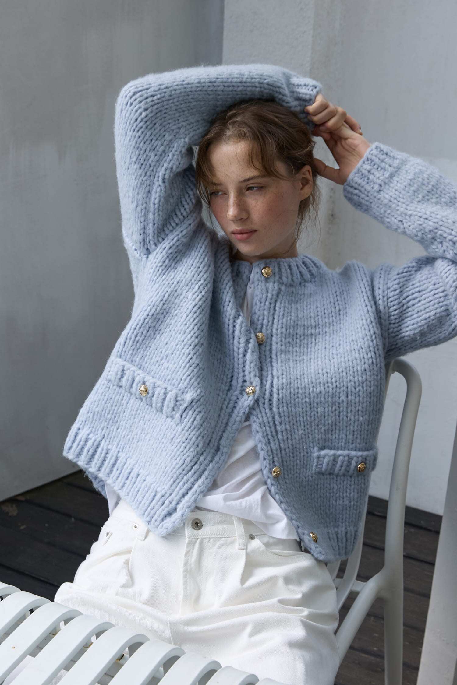 Gold Button Boucle Cardigan Light Blue