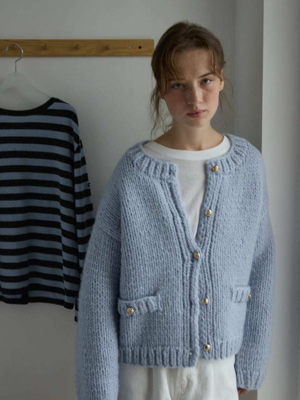 Gold Button Boucle Cardigan Light Blue